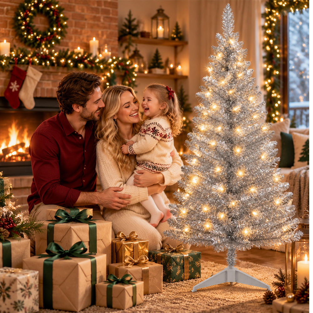Cowin 4ft Artificial Christmas Tree,Pre-lit Tinsel Pine Spruce Tree, Small Xmas Tree for Home, Office and Party,Sliver