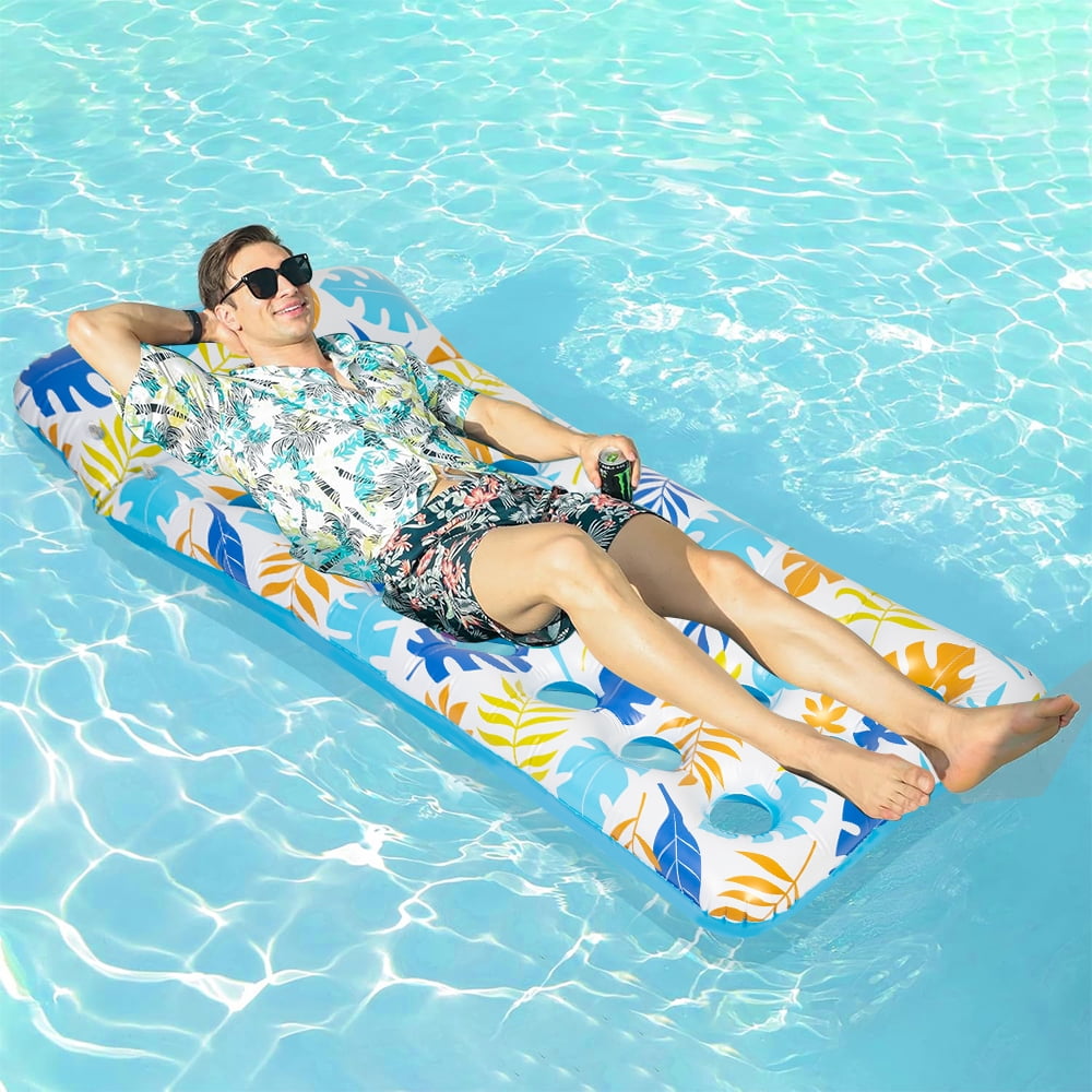Cowin 2-Piece Float Set Lounger Inflatable Pool Floats, Translucent Adult Inflatable Reclining Chair, Pedal and Cup Holder, White and Blue