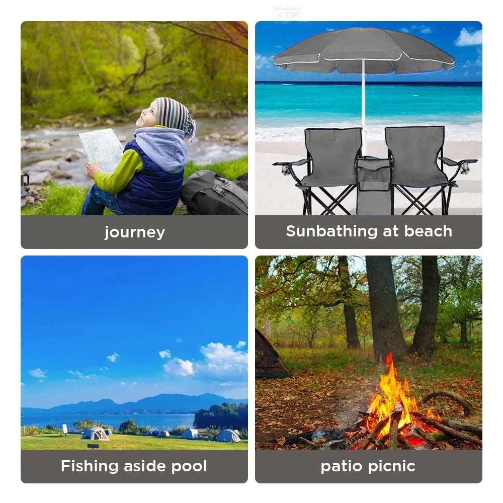 COWIN Outdoor Foldable Picnic Double Chair ,Camping Chairs with Umbrella Camping Double Portable Chairs Folding Beach Chair with Insulation Bag,Backpacking Gray