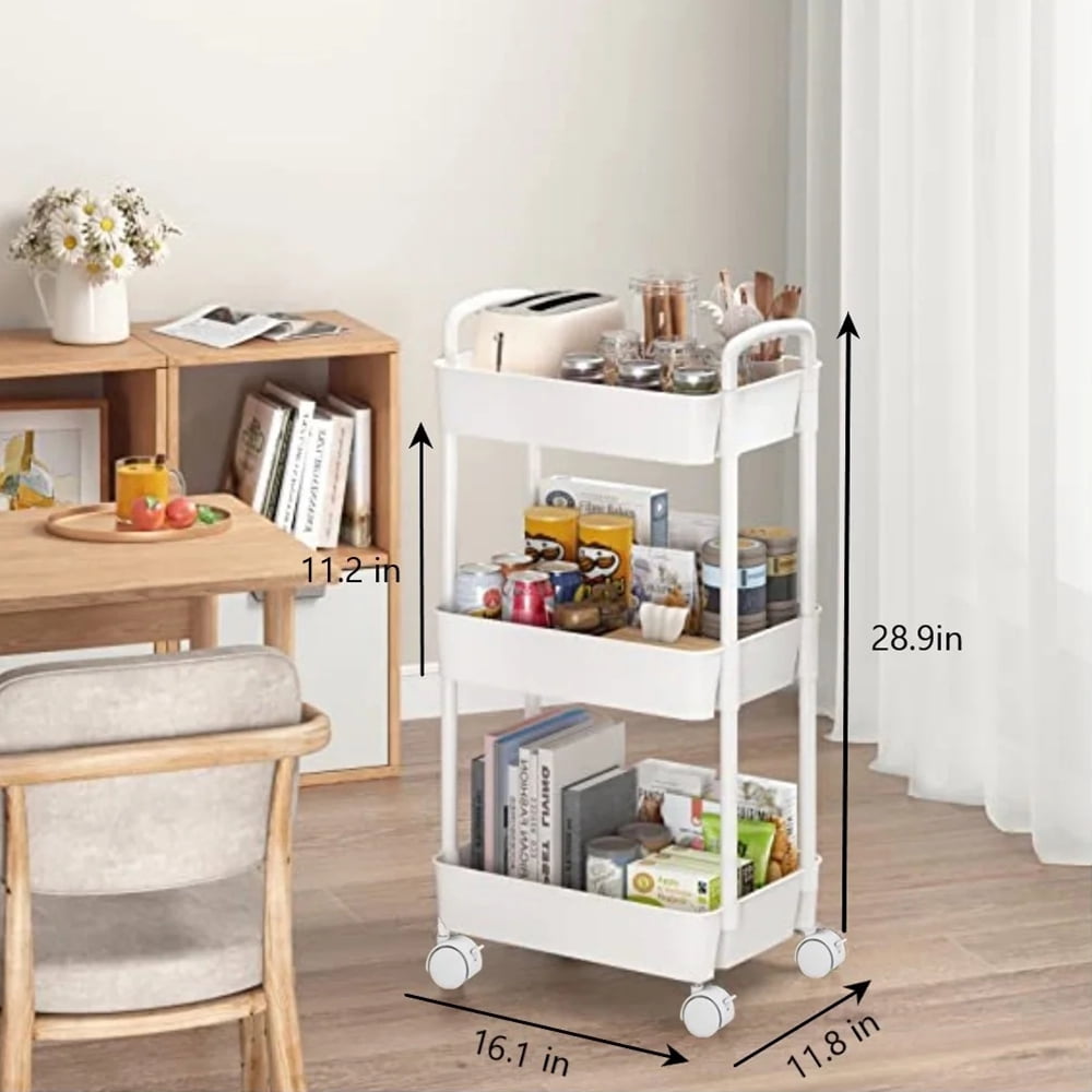 Cowin 3-Tier Metal Rolling Storage Cart Shelves Rolling Utility Cart Organizer Cart Movable Storage Organizer Bathroom Kitchen Office Workshop White