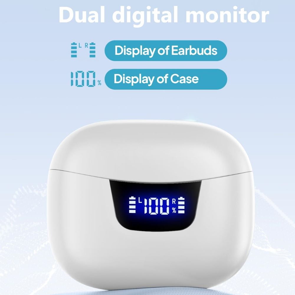 True Wireless Bluetooth Earbuds with Smart LED Display Charging Case , Bluetooth 5.3 Earbuds in-Ear TWS Stereo Headphones, IPX7 Waterproof in Ear Earphones, White