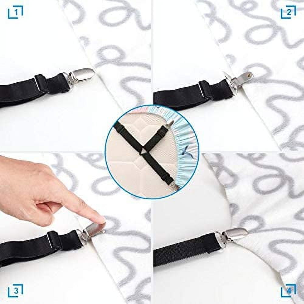 Adjustable Bed Sheet Holder Straps, Triangle Non-Slip Elastic Mattress Corner Clips with Heavy Duty Grippers Clips (Set of 4)
