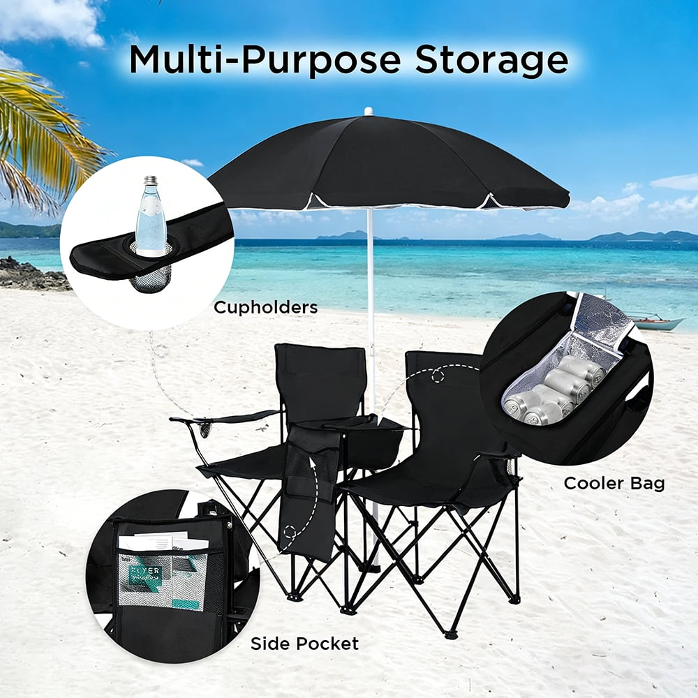 COWIN Outdoor Foldable Picnic Double Chair ,Camping Chairs with Umbrella Camping Double Portable Chairs Folding Beach Chair with Insulation Bag,Backpacking Black