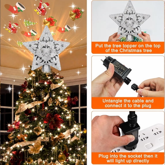 Cowin Christmas Tree Star Topper, Built-in Led Santa Claus Projector Pentagram Plug in Christmas Tree Ornament for Indoor Christmas New Year Holiday Tree Decor(Silver)