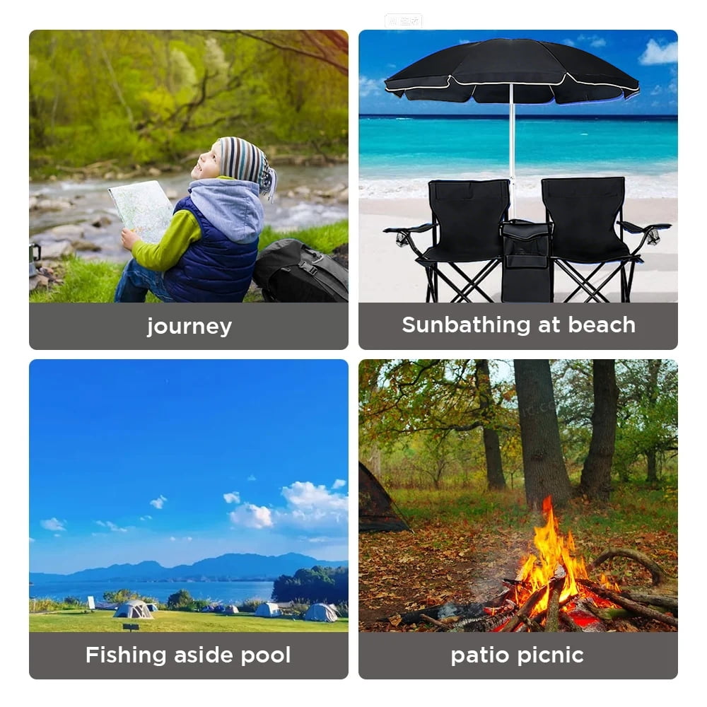 COWIN Outdoor Foldable Picnic Double Chair ,Camping Chairs with Umbrella Camping Double Portable Chairs Folding Beach Chair with Insulation Bag,Backpacking Black