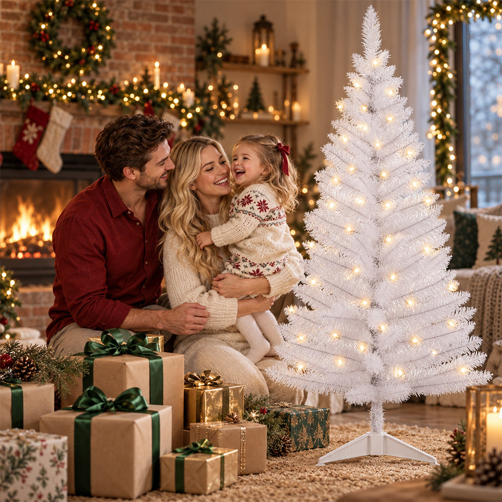 Cowin 4ft Artificial Christmas Tree,Pre-lit Tinsel Pine Spruce Tree, Small Xmas Tree for Home, Office and Party,White