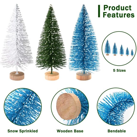 Cowin 30Pcs Mini Christmas Trees Decor, Artificial Christmas Tree 5 Sizes with Wooden Base for Christmas Decor Christmas Party Home Table Craft Decorations (Green+blue+white)