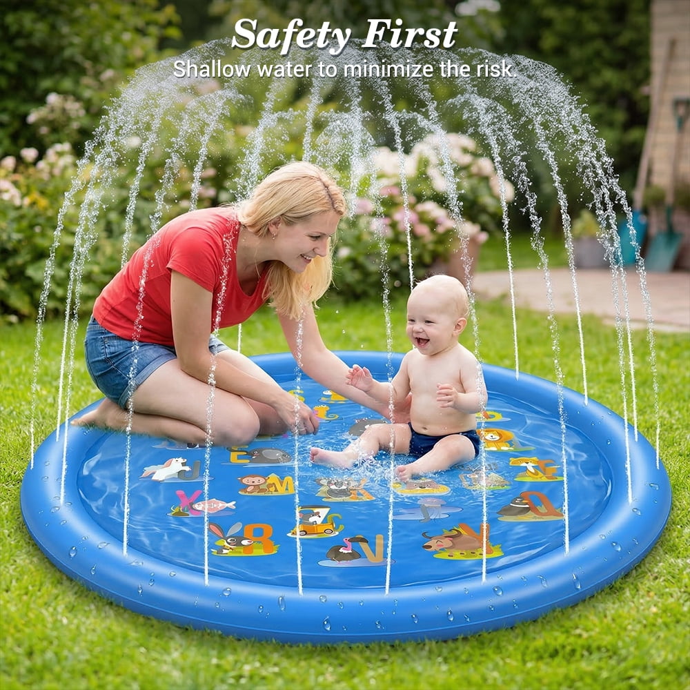 Non-Slip Splash Pad for Kids & Dog, 67'' Blue Water Play Mat for Outdoor Lawn Games, with Animals and Letters from A to Z