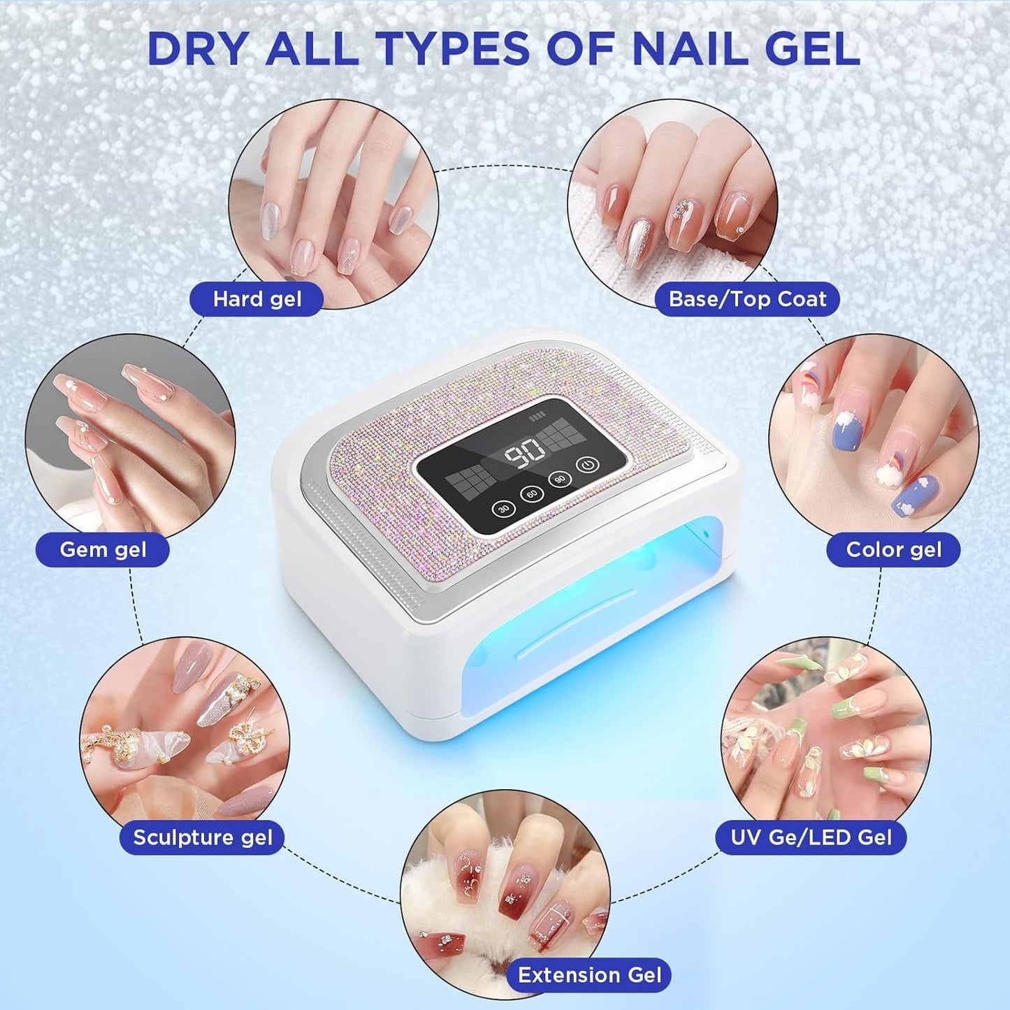 Maraawa UV LED Nail Lamp, 120W Rechargeable Cordless Nail Lamp, 4 Timer Modes with Crystal Diamonds，White