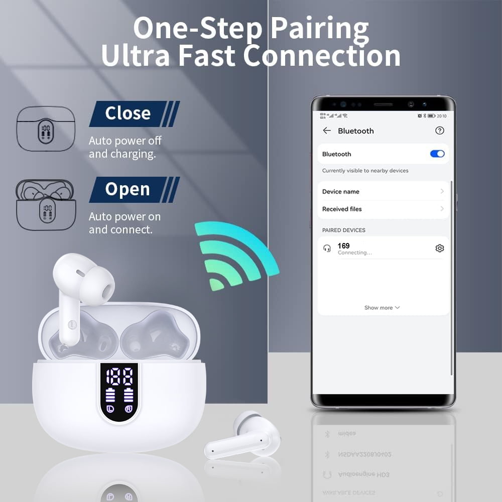 Wireless Earbuds Bluetooth Headphones, with LED Display Charging Case, Waterproof In-Ear Earphones with Mic for iPhone /Android /PC /Laptop, White