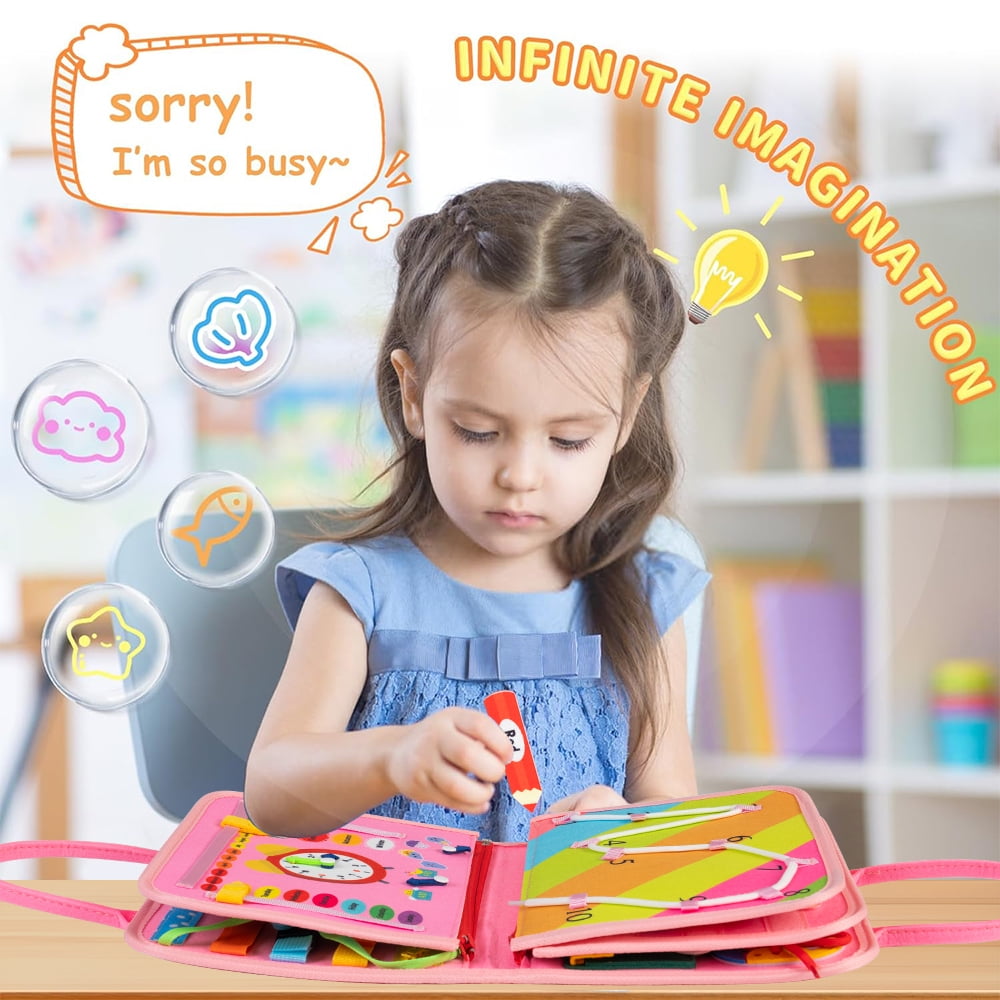 Cowin Busy Board Montessori Toys for Toddler Girls Birthday Gifts, Busy Book Learning Toy for toddlers 1-4, Educational Learning Toy for Airplane Car Travel, Pink