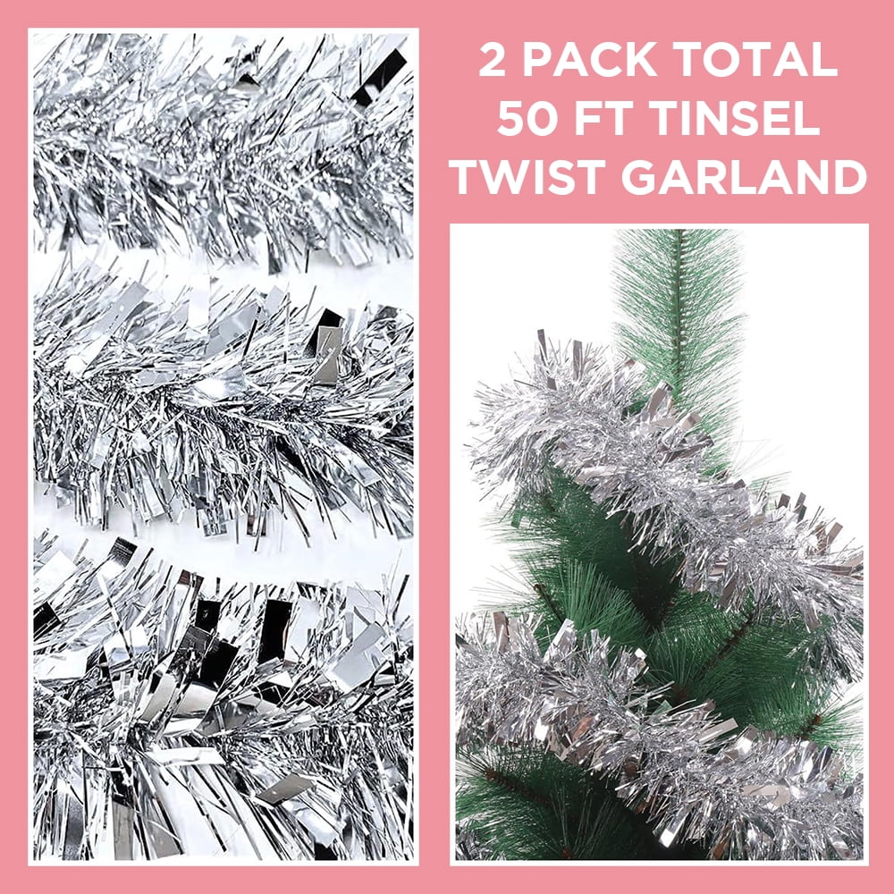 50FT Silver Christmas Tinsel Twist Garland - 2.5" Wide, Shiny Metallic Decor for Indoor & Outdoor Use, Ideal for Xmas Trees, Stairs, Fireplaces & Party Decorations