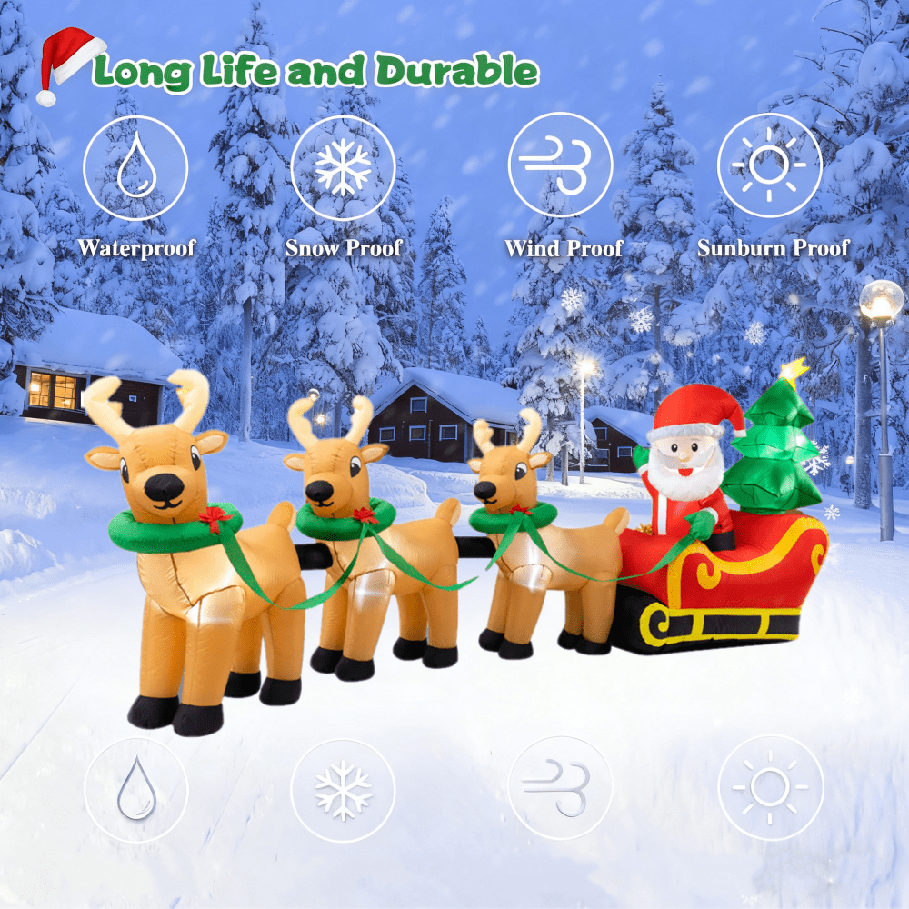 Lighted Christmas Inflatable Decoration 12 Ft Santa Claus on Sleigh with 3 Reindeer and Christmas Tree