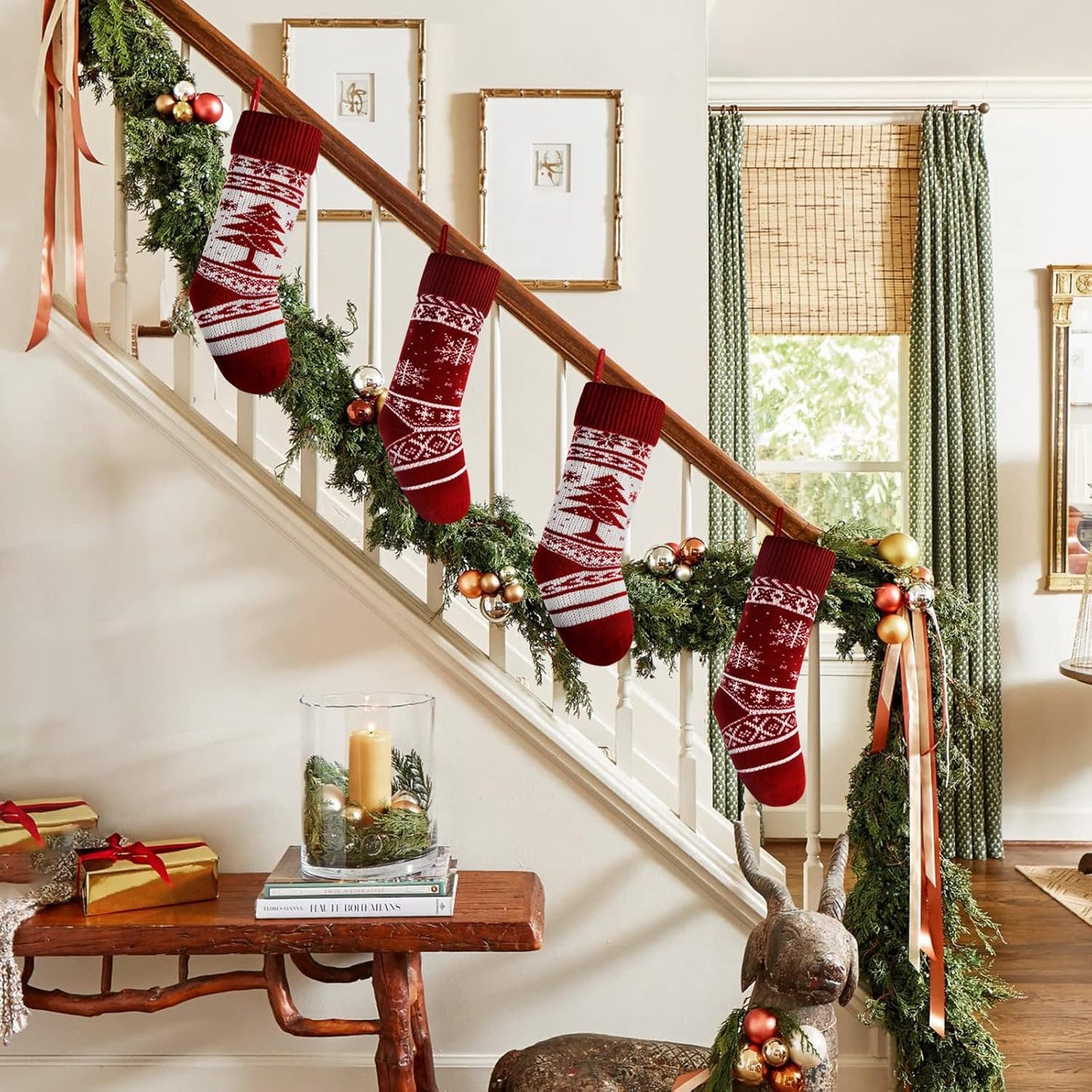 4 Pieces 18" Knit Christmas Stockings Reindeer Christmas Tree Snowflakes Knitted Stocking Christmas Ornaments Hanging Rustic Stocking Decorations Tree