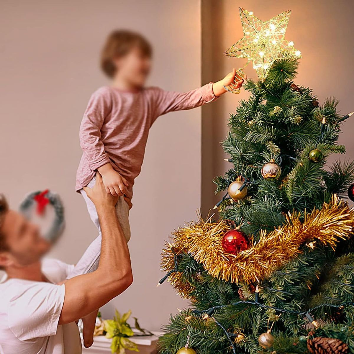 Cowin Christmas Star Tree Topper, Lighted Christmas Tree Topper, Hollow Gold Lighted Tree Star, LED Light up Xmas Tree Topper with 30 LE
