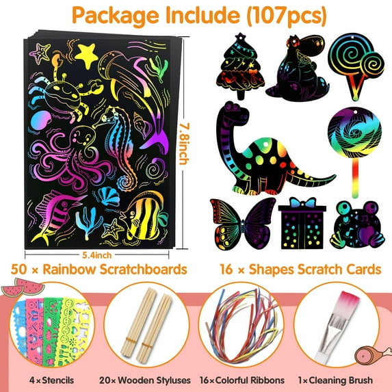 Scratch Paper Art for Kids, Rainbow Magic Scratch Art Craft Kit, 107 Piece