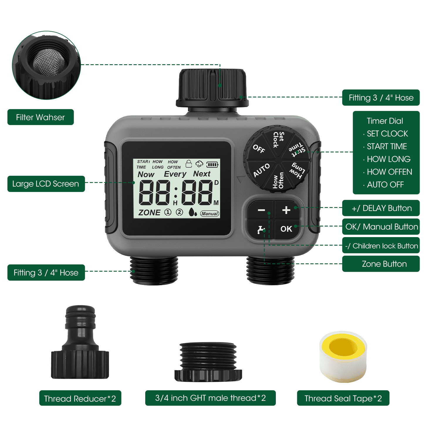 Cowin Sprinkler Timer 2 Outlet, Outdoor Garden Hose Faucet Timers with Rain Delay/Manual/Automatic Watering System, Digital Irrigation Timer for Yard, Gray