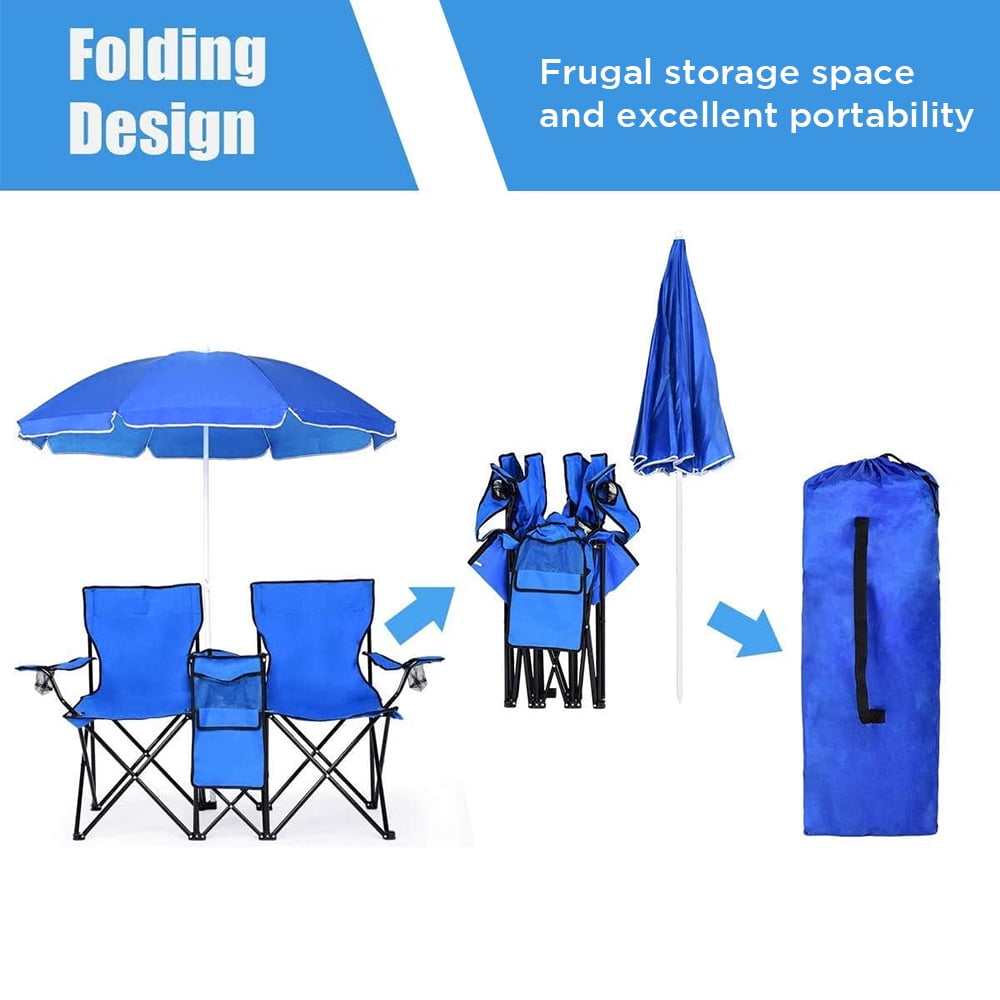 COWIN Outdoor Foldable Picnic Double Chair ,Camping Chairs with Umbrella Camping Double Portable Chairs Folding Beach Chair with Insulation Bag,Backpacking Blue