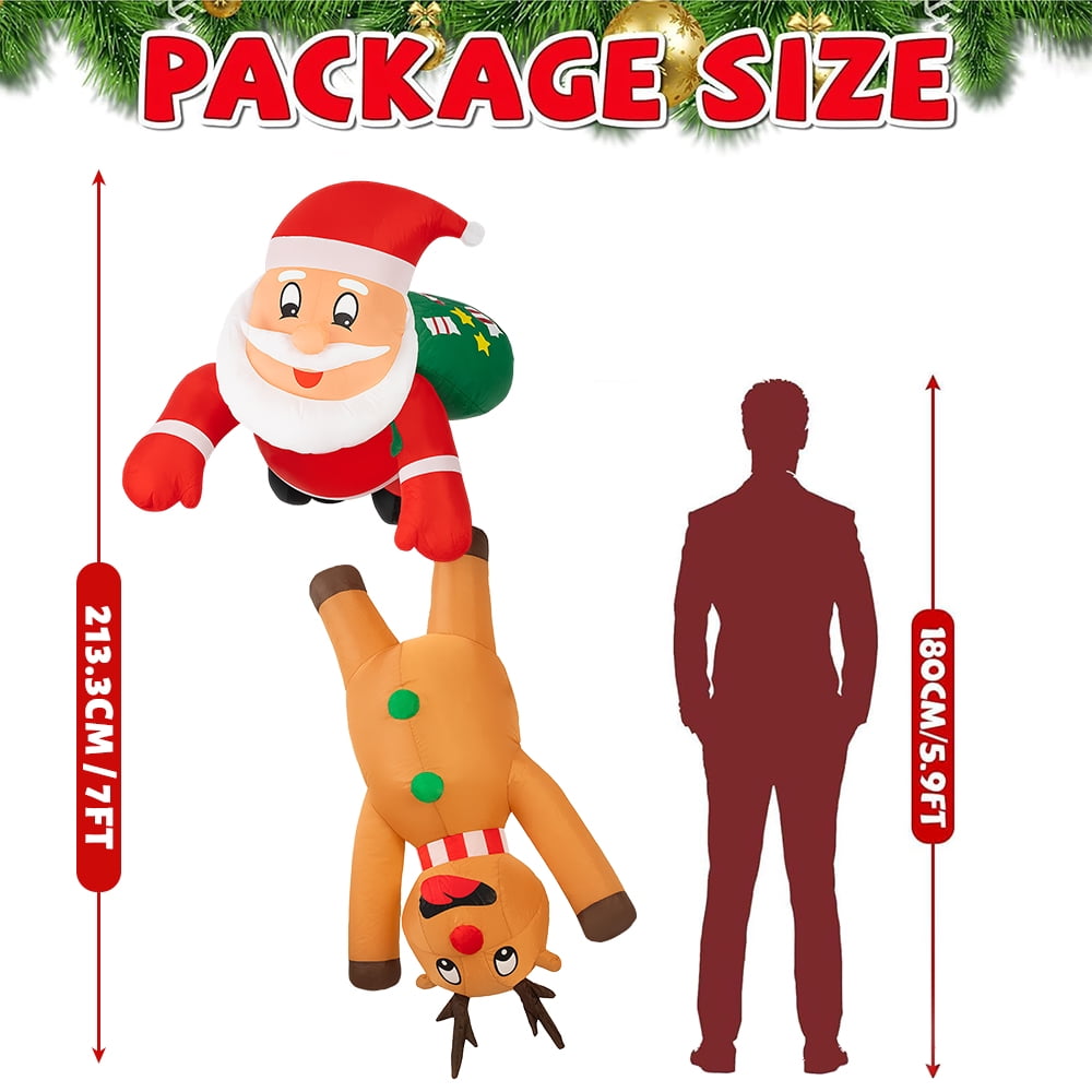 7FT Christmas Inflatable Santa Claus with Reindeer Blow Up Hanging Xmas Inflatables Decor with LED Lights