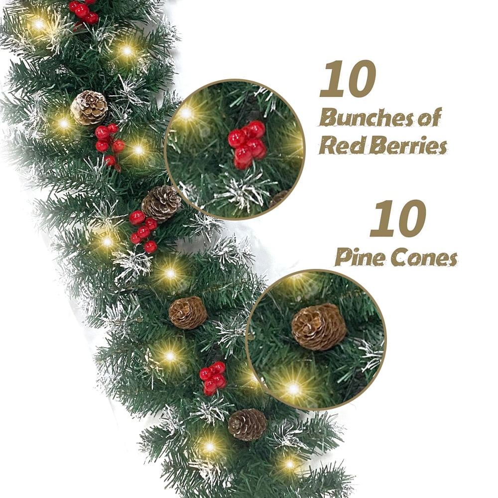 Cowin 2 Pcs 6ft Pre-Lit Christmas Garland, with 40 Waterproof LED Light and Pine Cones and Berries, Battery Operated Garland 200 Branches Christmas Decoration for Xmas Holiday & Party