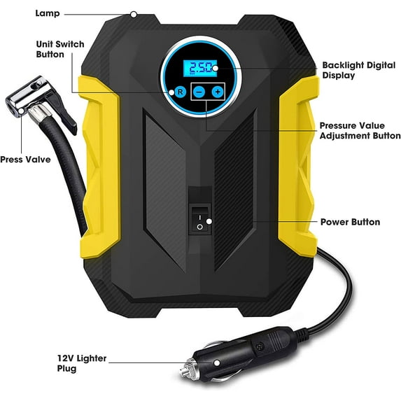 COWIN, Black/Yellow 12 V 150 PSI Portable Tire Inflator Air Compressor Pump