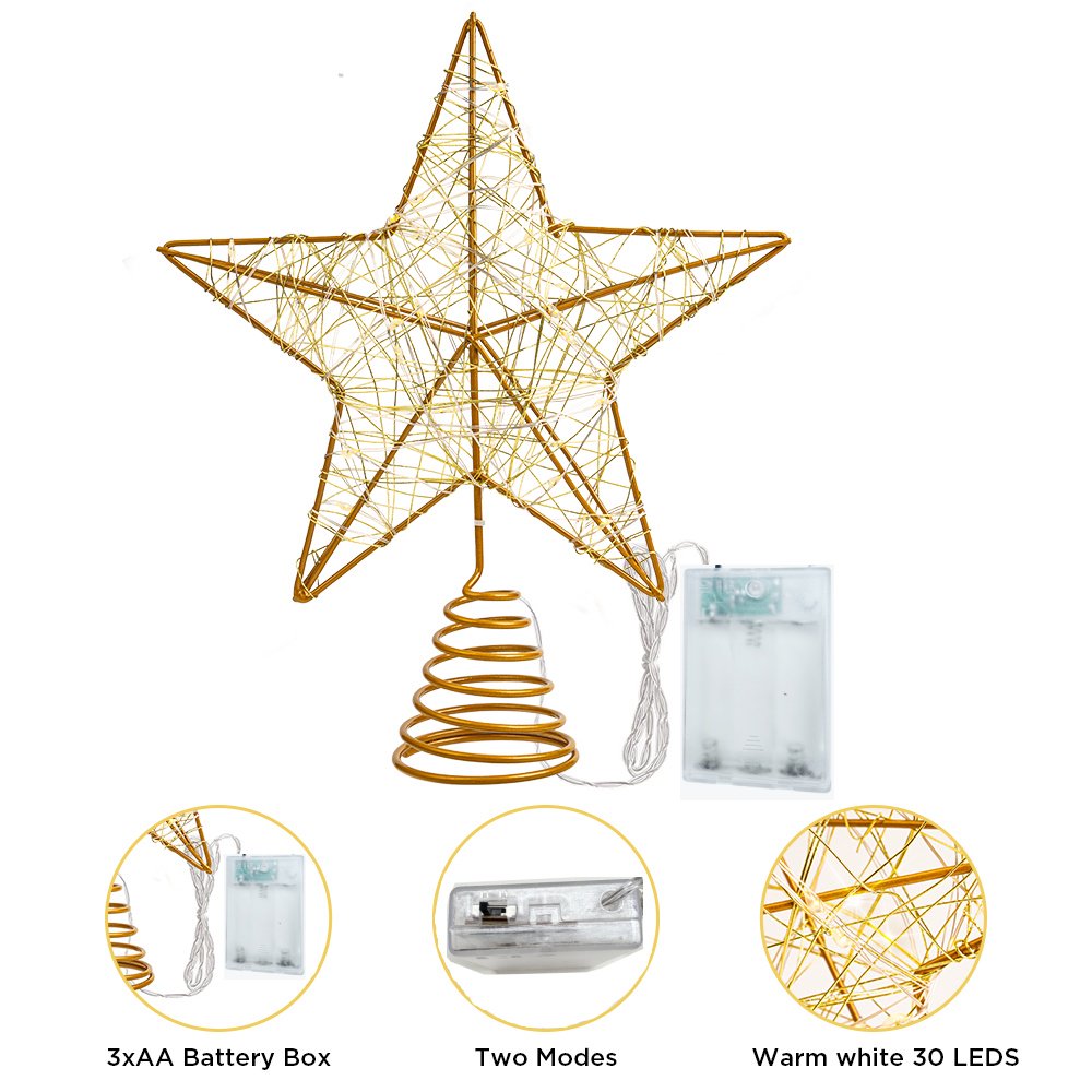 Cowin Christmas Star Tree Topper, Lighted Christmas Tree Topper, Hollow Gold Lighted Tree Star, LED Light up Xmas Tree Topper with 30 LE