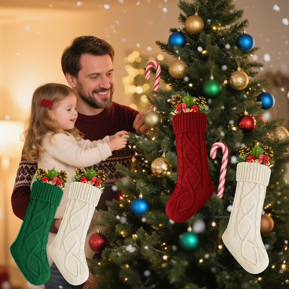Cowin 4 Pack Christmas Stockings, Knitted Stocking for Holiday Christmas Party Family Decorations (Red White Green)