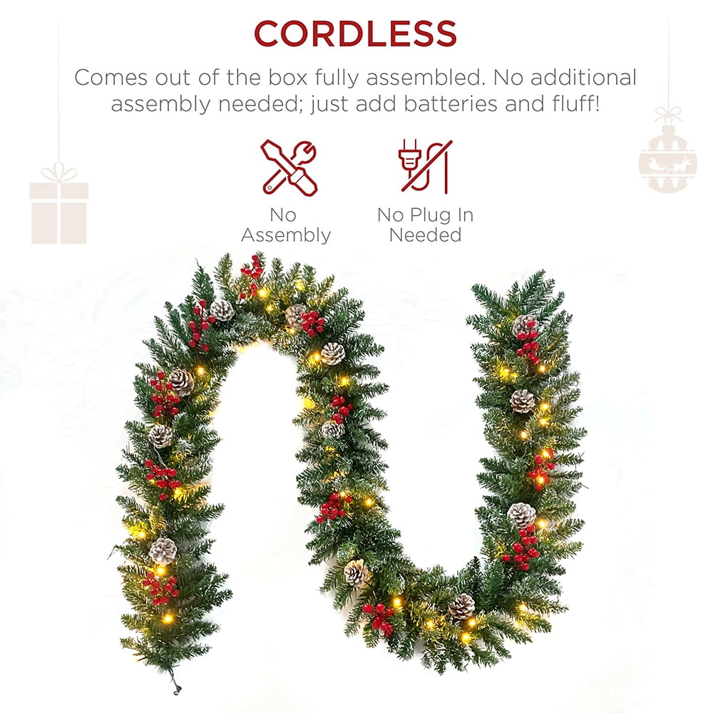 Cowin 9ft Pre-Lit Christmas Garland with 50 Waterproof LED Light and Pine Cones and Berries, 220 Branches Battery Operated Christmas Garland Decoration for Xmas Holiday Party