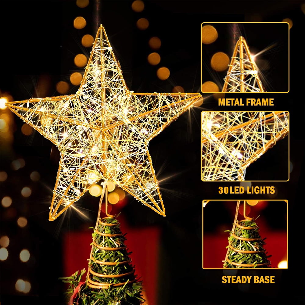 Cowin Christmas Star Tree Topper, Lighted Christmas Tree Topper, Hollow Gold Lighted Tree Star, LED Light up Xmas Tree Topper with 30 LE