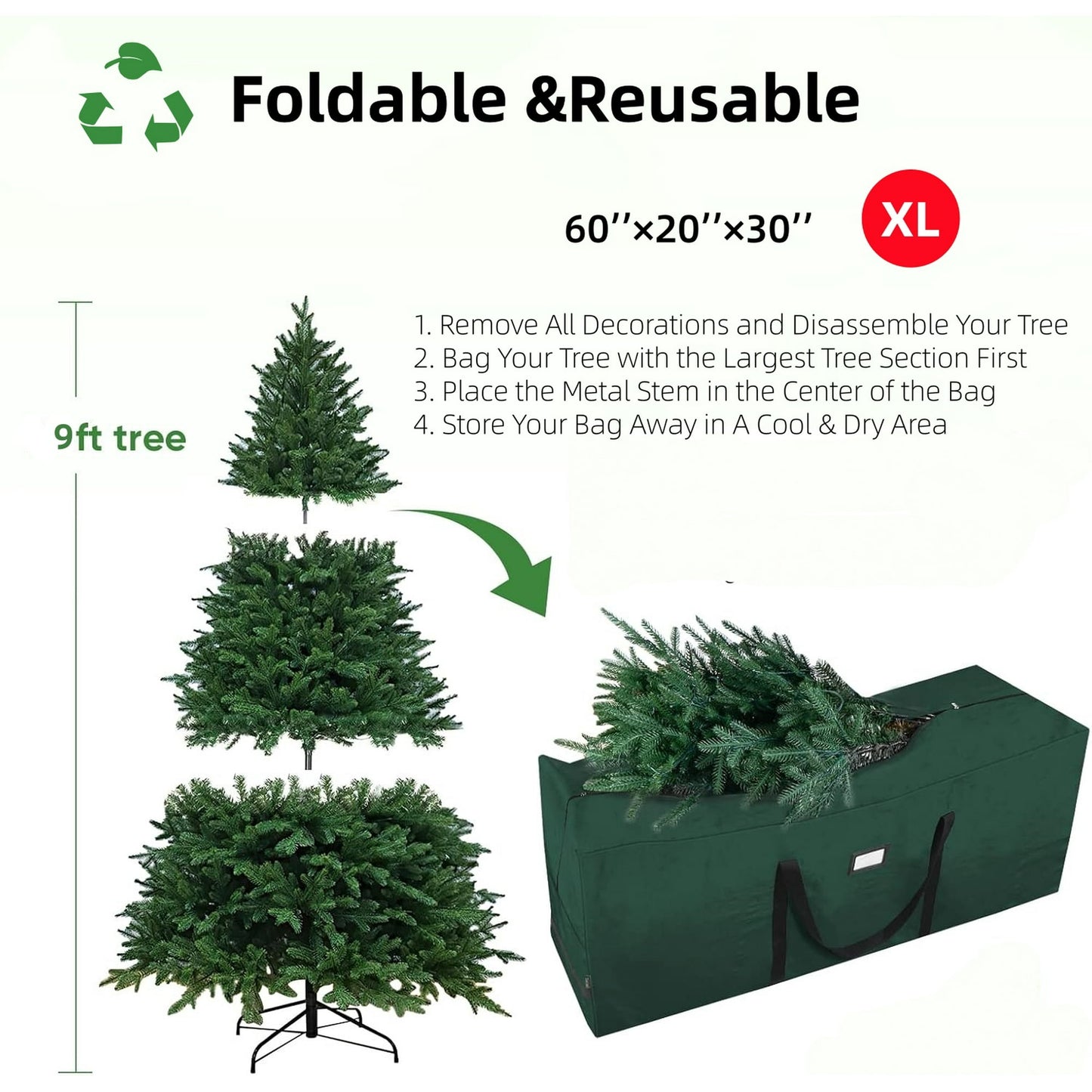 9 ft Christmas Tree Storage Bag , for Big Artificial Xmas Tree/Holiday Trees, Green (60X20X30in)