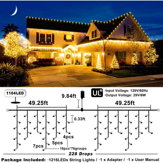 Cowin Icicle Christmas Lights Outdoor Decorations, 99ft 8 Modes Curtain Fairy String Light with 226 Drops, Warm White