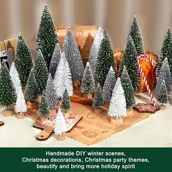 Cowin 30Pcs Mini Christmas Trees Decor, Artificial Christmas Tree 5 Sizes with Wooden Base for Christmas Decor Christmas Party Home Table Craft Decorations (Green+silver+white)