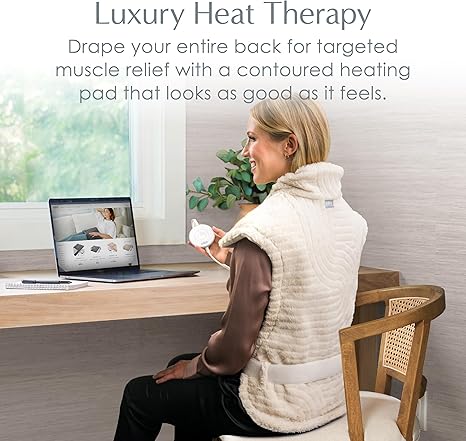 Back & Neck Luxury Heating Pad for Pain Relief, Patented Design, Soft Faux Fur & Micromink, 6 Heat Settings, Machine Washable, Universal Fit, 31.5” x 24” (Golden Sands)