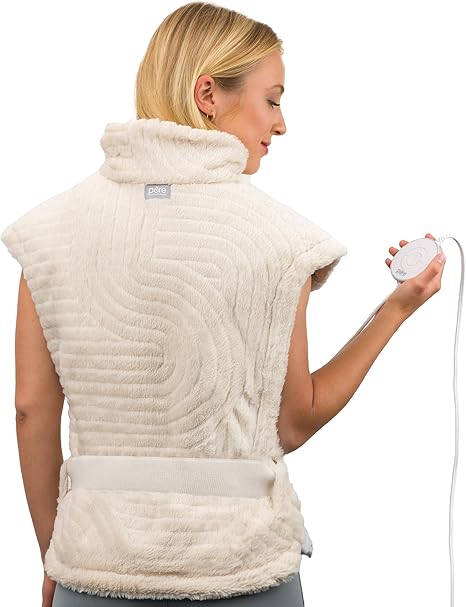 Back & Neck Luxury Heating Pad for Pain Relief, Patented Design, Soft Faux Fur & Micromink, 6 Heat Settings, Machine Washable, Universal Fit, 31.5” x 24” (Golden Sands)