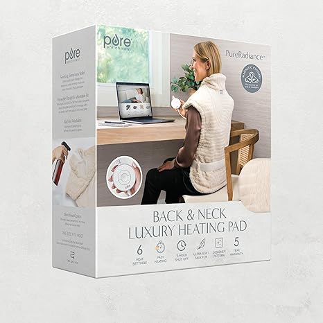 Back & Neck Luxury Heating Pad for Pain Relief, Patented Design, Soft Faux Fur & Micromink, 6 Heat Settings, Machine Washable, Universal Fit, 31.5” x 24” (Golden Sands)