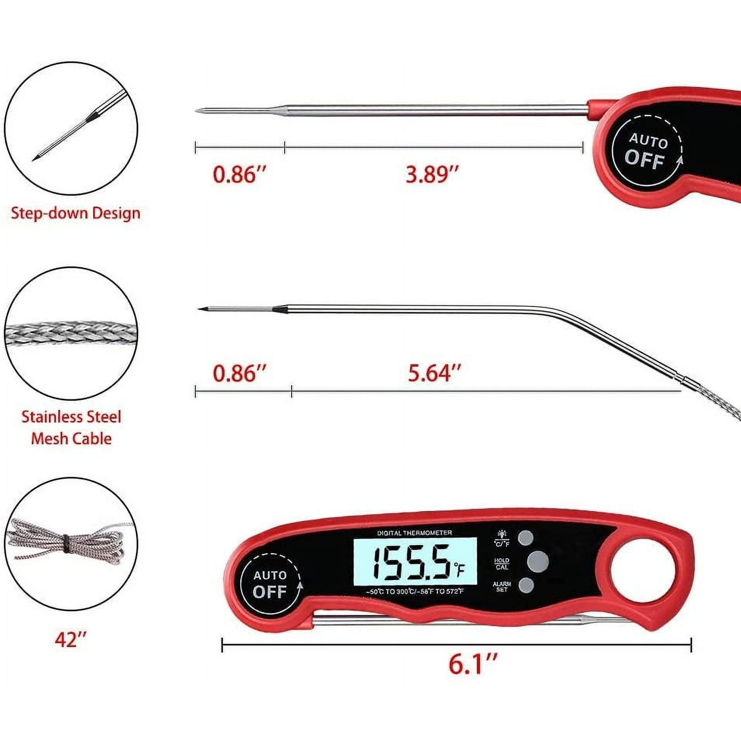 Digital Meat Thermometer for Cooking, Dual Probe Instant Read Food Thermometer with LCD Screen, Waterproof Cooking Thermometer with Alarm for Grilling, Smoker, BBQ, Oven
