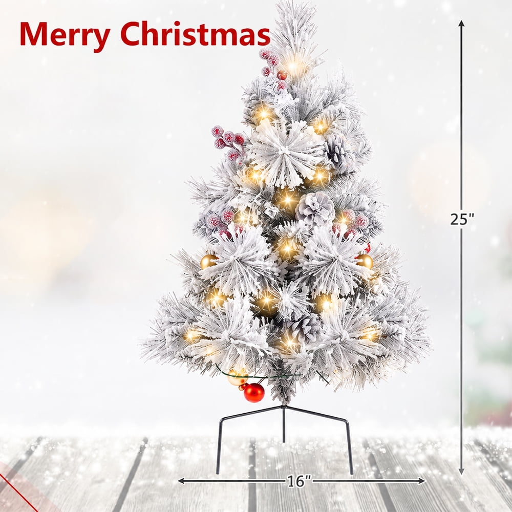 Cowin 25.1in Artificial Christmas Trees Set of 2 Pre-Lit Mini Christmas Trees with 30 LED Lights, Bright Ball, Pine, Berries for Indoor Outdoor Decor