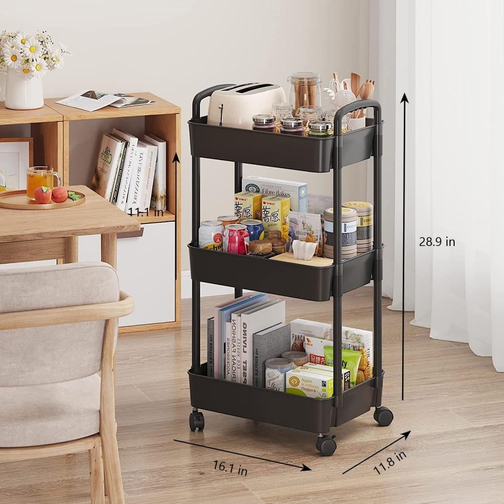 Cowin 3 Tier Metal Rolling Utility Cart with 6 Hooks, Black