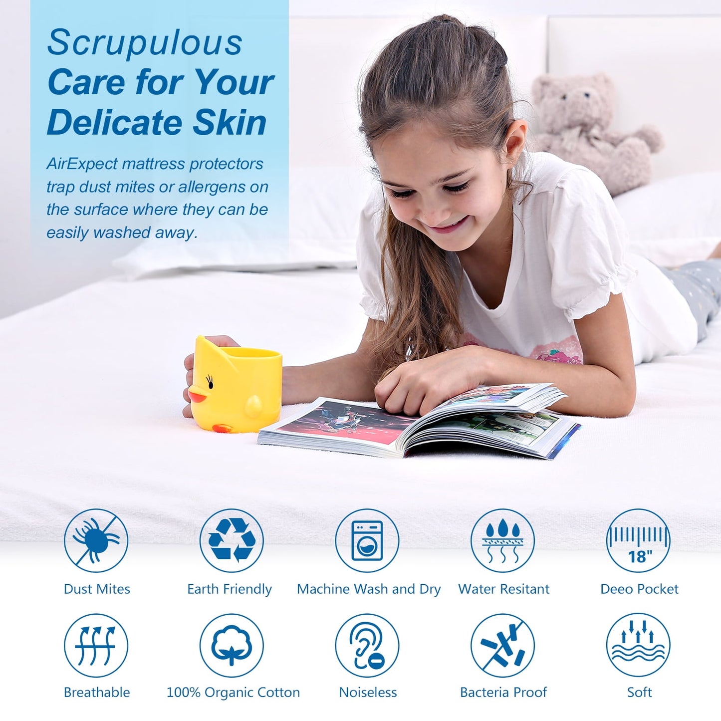 Waterproof Mattress Protector Full Size, Cotton Hypoallergenic Breathable Mattress Pad Cover, 15” Deep Pocket, Vinyl Free, 54”x75”