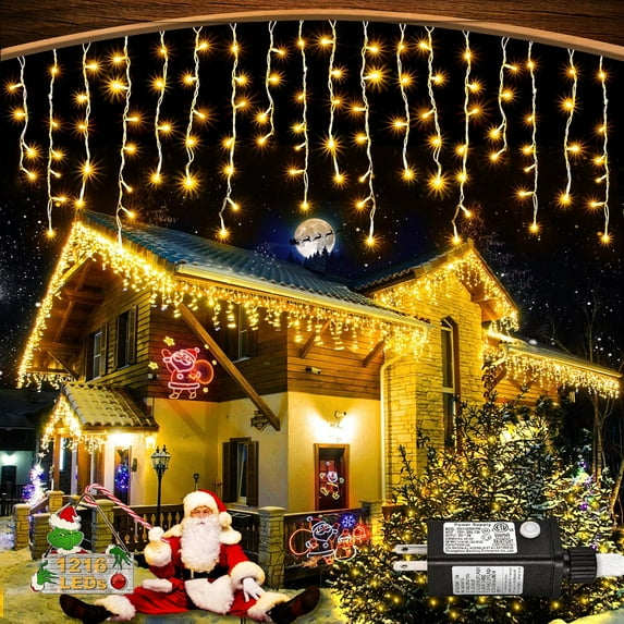 Cowin Icicle Christmas Lights Outdoor Decorations, 99ft 8 Modes Curtain Fairy String Light with 226 Drops, Warm White