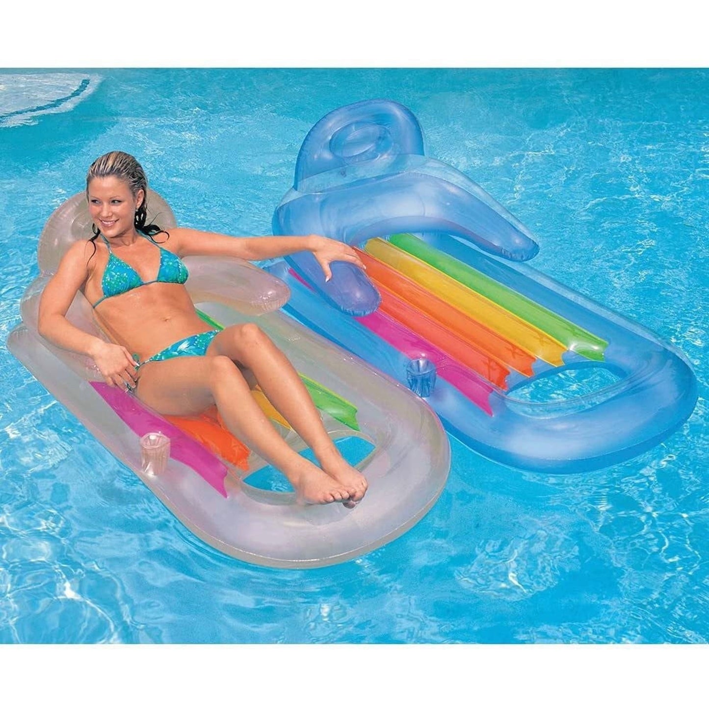 2-Piece Float Set Lounger Inflatable Pool Floats, Translucent Adult Inflatable Reclining Chair, Pedal and Cup Holder, White and Blue