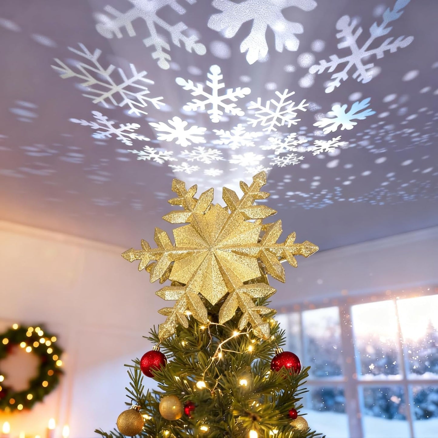 Christmas Tree Topper Lighted with Snowflake Projector, LED Rotating 3D Glitter Tree Topper for Christmas Tree, Christmas Decorations Lights