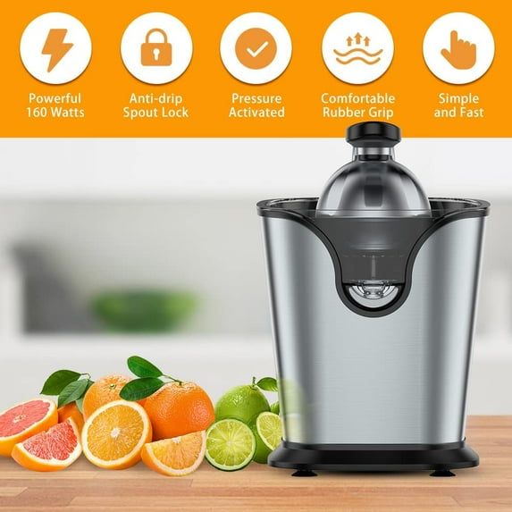 Electric Citrus Juicer for Orange Lemon Lime Grapefruit Juice, 150W Squeezer with Soft Rubber Grip, Stainless Steel Filter and Anti-drip Spout Lock - Silver