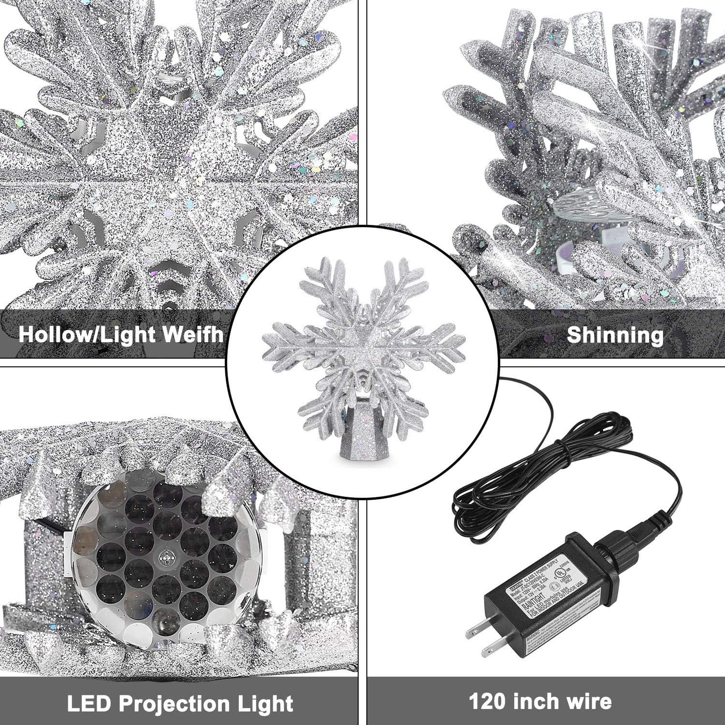 Christmas Tree Topper, 9.6” Snowflake Tree Toppers Lighted Indoor with Rotating 3D Silver Snowflake LED Projector Hollow Glitter Lighted for Tree Christmas Decorations Holiday Ornaments