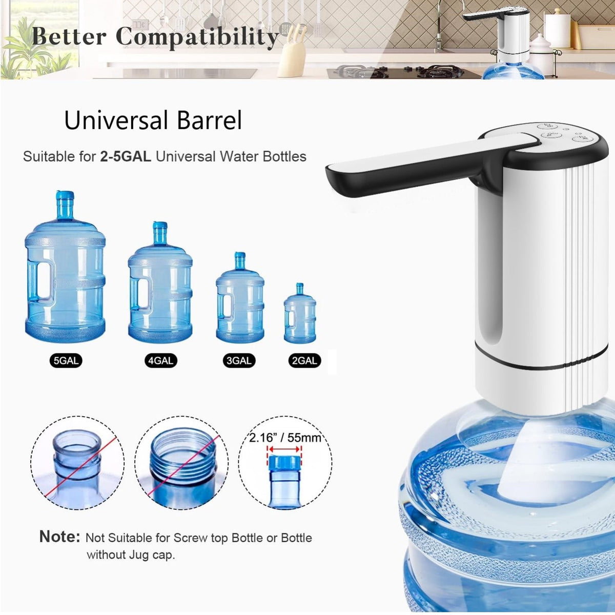 Cowin Water Dispenser for 5 Gallon Bottle, Rechargeable Portable Electric Water Bottle Pump, Foldable Automatic Water Jug Pump for for Home, Office & Camping (White)