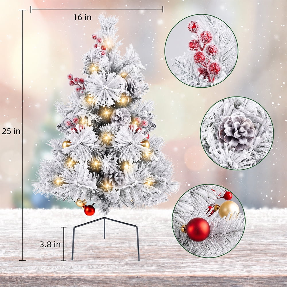 Cowin 25.1in Artificial Christmas Trees Set of 2 Pre-Lit Mini Christmas Trees with 30 LED Lights, Bright Ball, Pine, Berries for Indoor Outdoor Decor