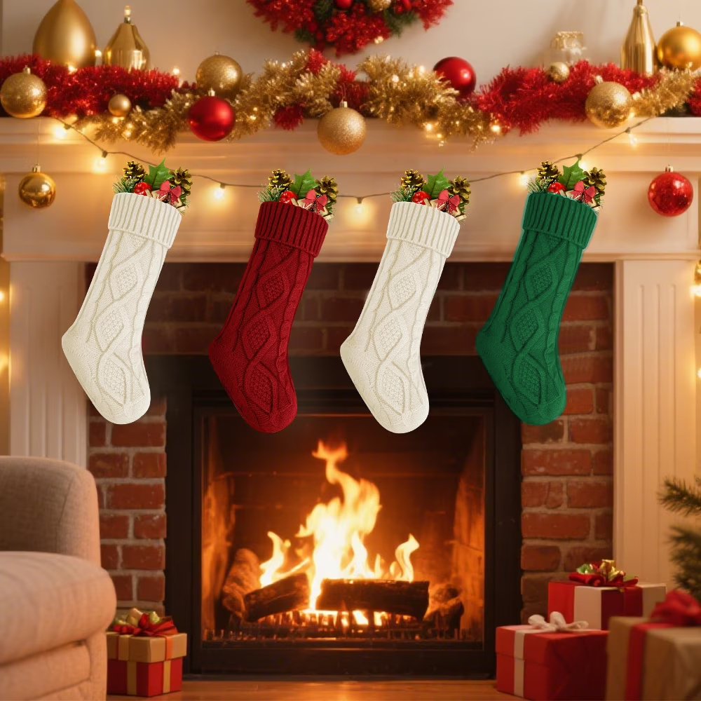 Cowin 4 Pack Christmas Stockings, Knitted Stocking for Holiday Christmas Party Family Decorations (Red White Green)