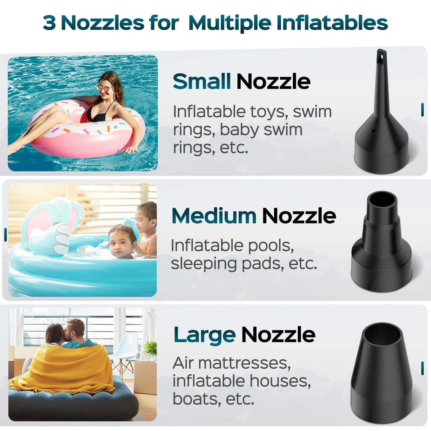 kibhous Air Pump with 3 Nozzles Electric Air Pump Portable Quick-Fill Inflator Pumps ,Black