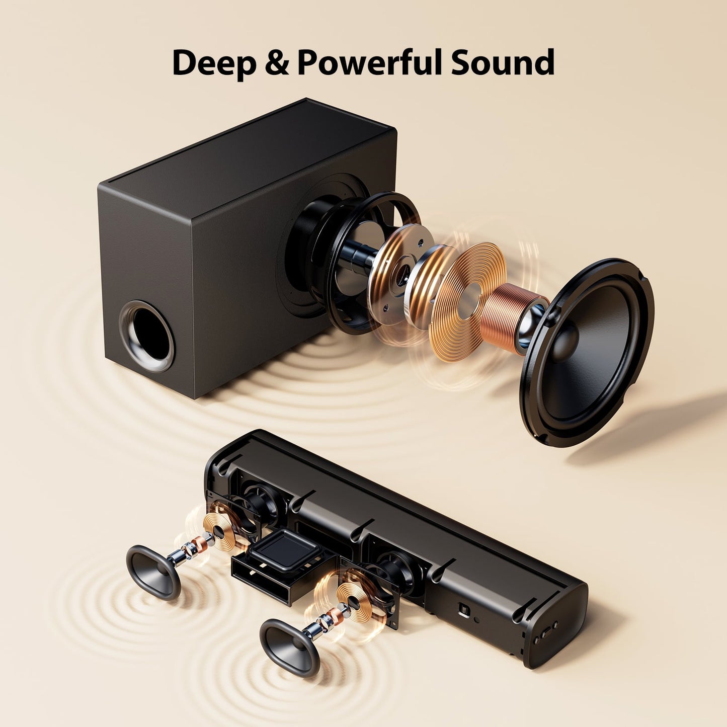 Upgraded Bluetooth Sound Bar for TV with Subwoofer, Deep Bass, ARC/Optical/AUX/Bluetooth Connect, Surround Sound System for PC/Gaming/Projectors/Gift