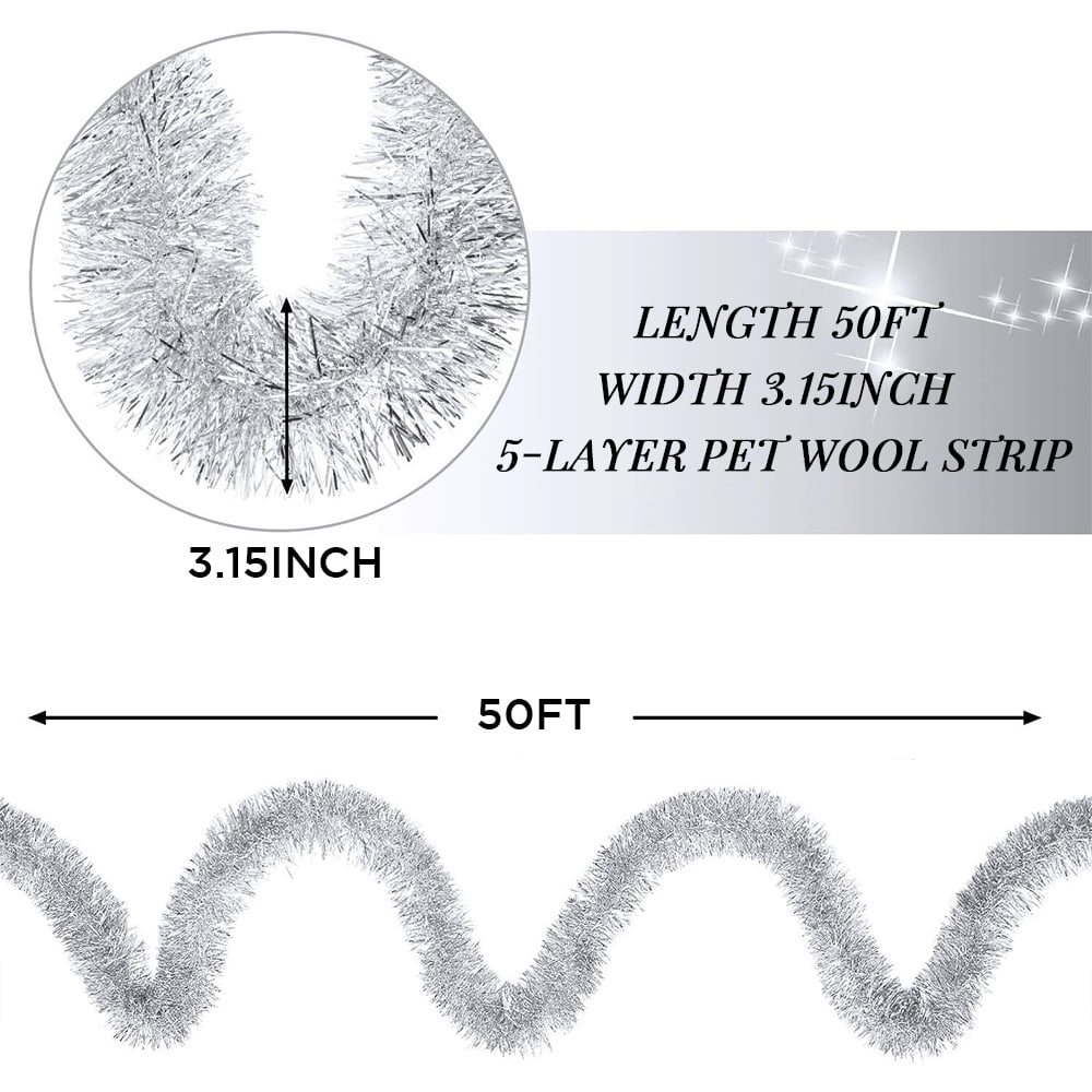 50FT Silver Christmas Tinsel Twist Garland - 2.5" Wide, Shiny Metallic Decor for Indoor & Outdoor Use, Ideal for Xmas Trees, Stairs, Fireplaces & Party Decorations